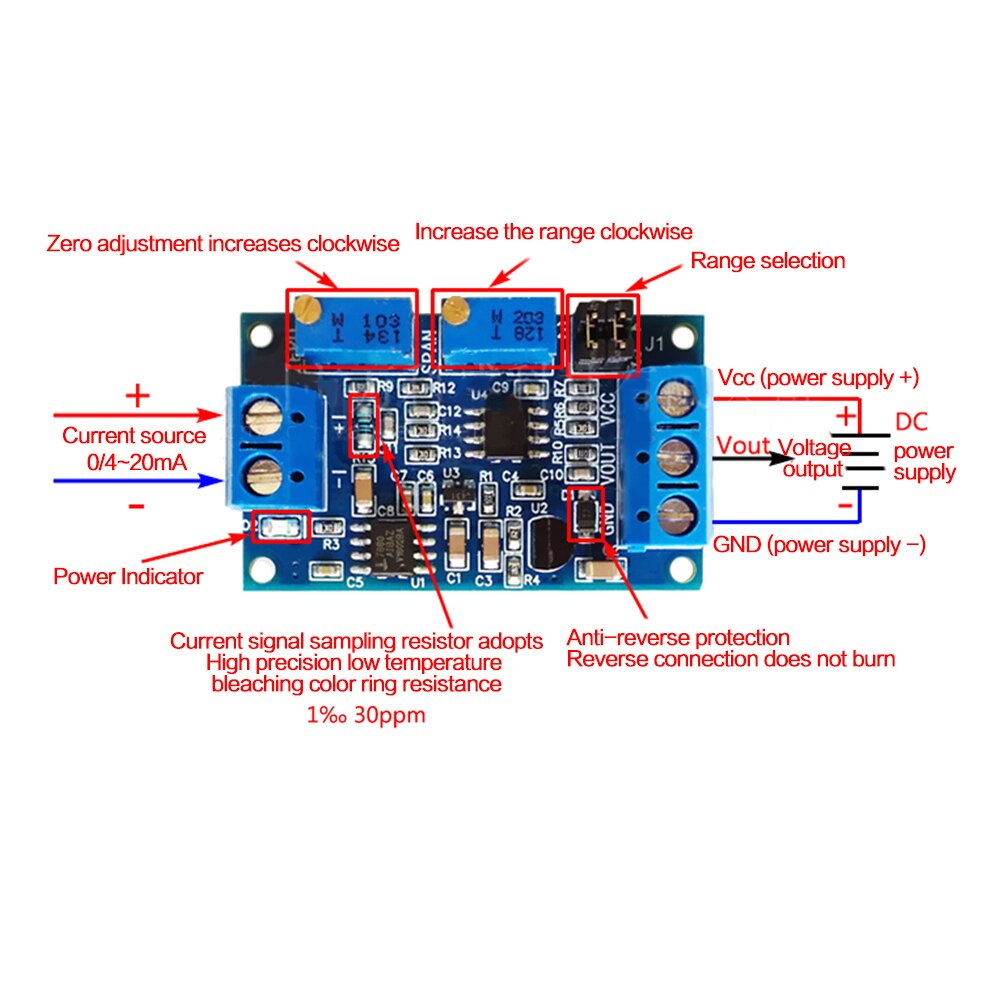 0 -20mA/4 -20mA to 0- 3.3V/0 -5V/0 -10V Current To Voltage Module Voltage Transmitter Signal Converter Module