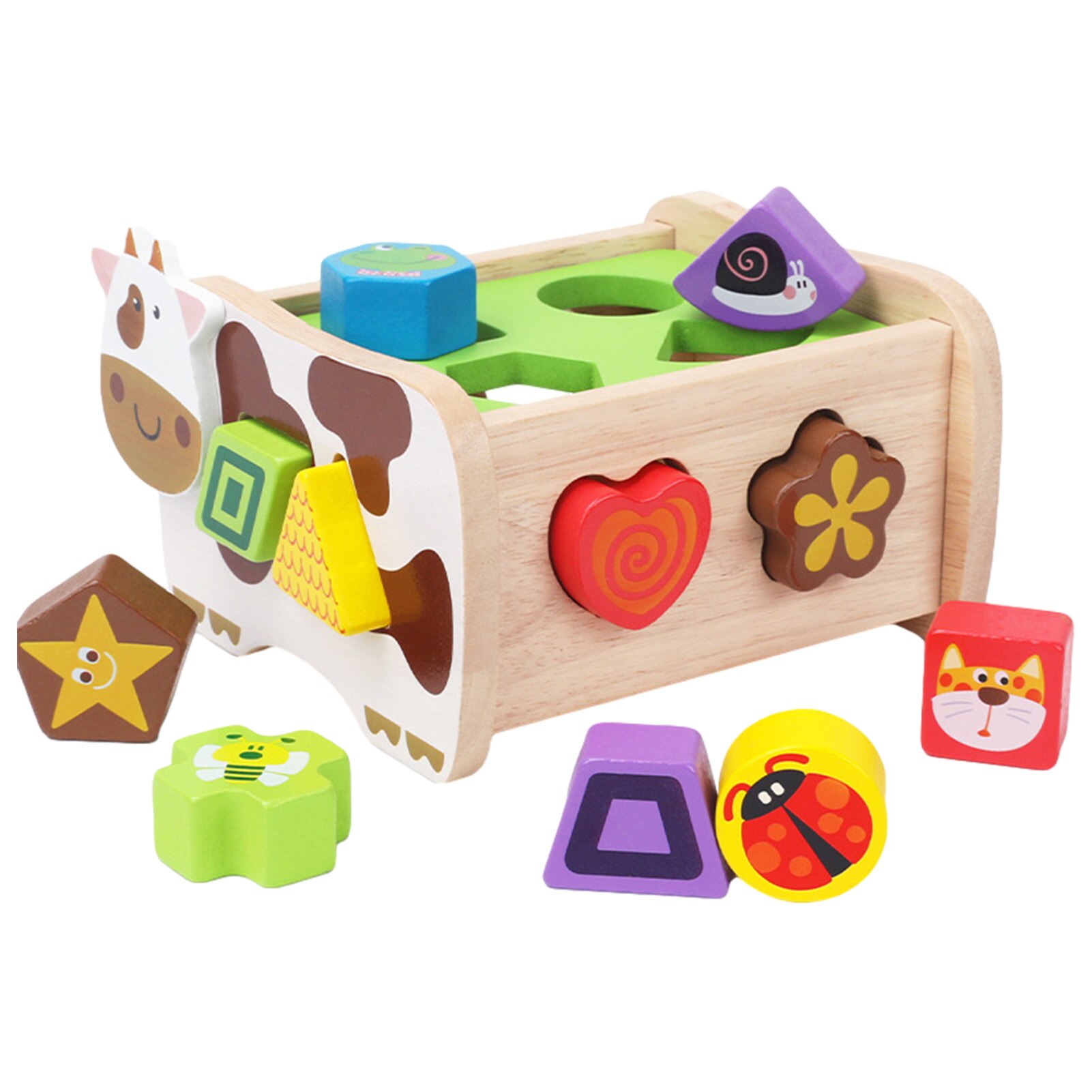 Wooden Shape Classification Box Sorter Toy With 12 Geometric Shape Blocks For Children Aged 1-4 Cow Shape Sorting Box Toy: Default Title