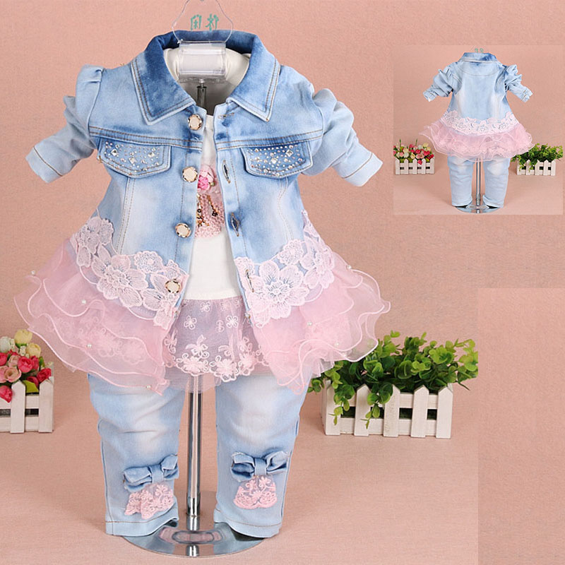 Niños conjunto, ropa de bebé niña 3 piezas traje de chaqueta pantalones de mezclilla otoño primavera ropa jeans para bebé niño chico Rosa kit de bebe: Model B Pink / 12 meses