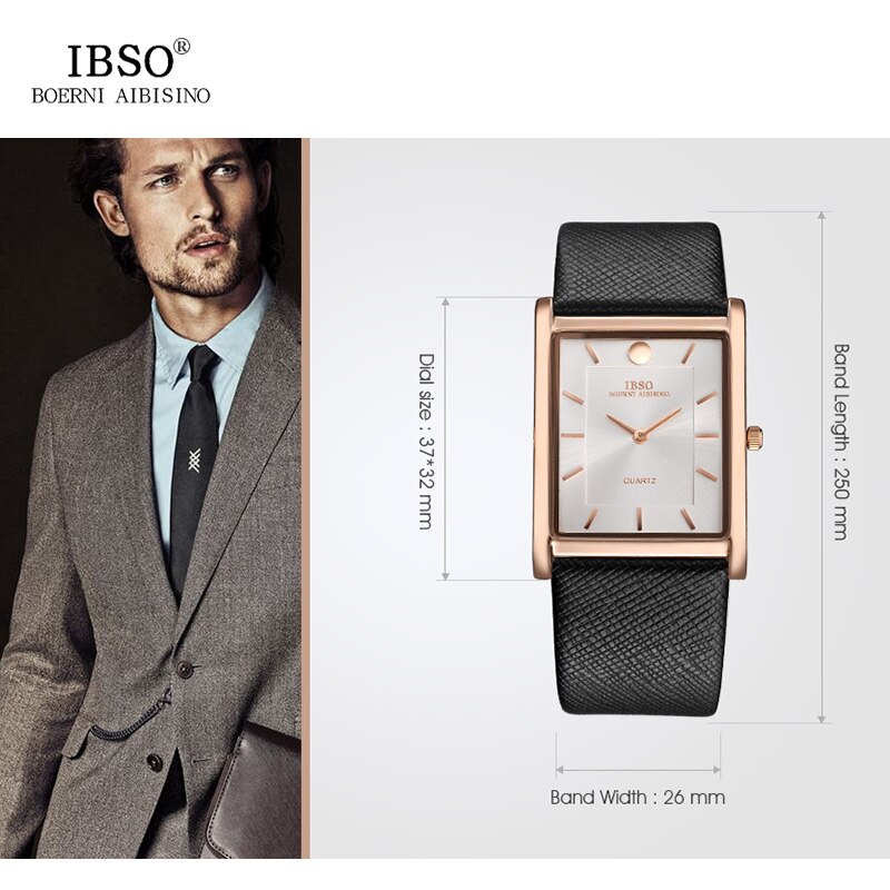 Ibso retângulo relógio masculino 7mm couro relógio de pulso quartzo luxo negócios relógios dropshipping