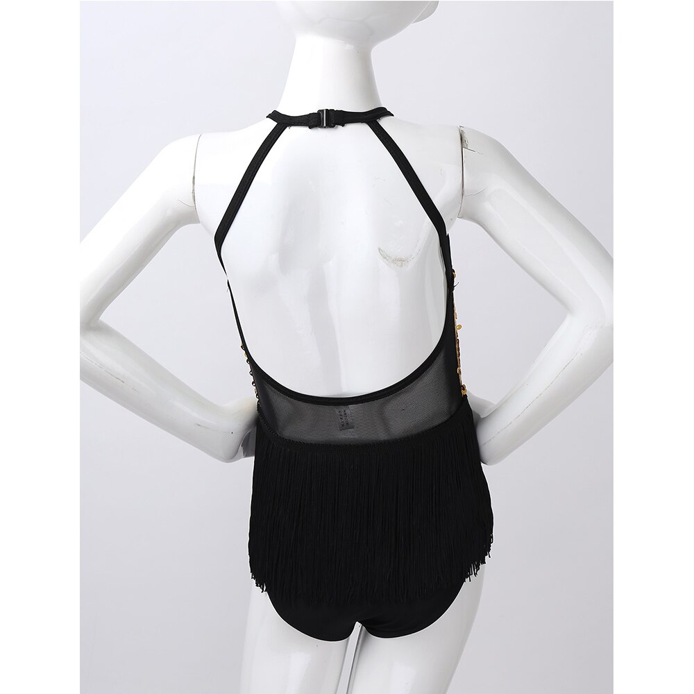 Enfants Paillettes Frange Sans Manches Justaucorps De Gymnastique pour Filles Ballet Rumba Salsa Jazz Danse Latine Robe Scène Performance Costume