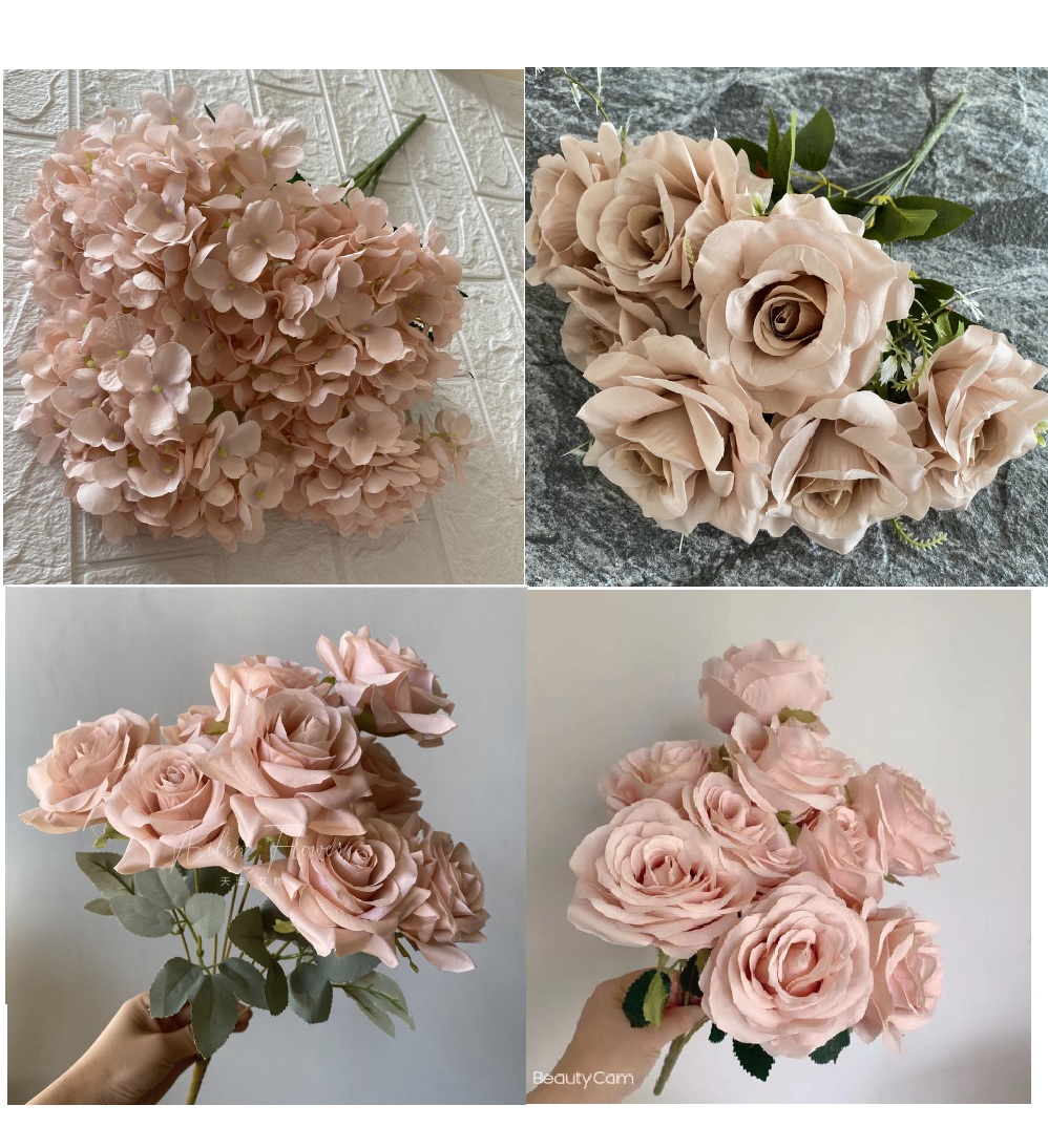 Decoración de boda, rosa polvoriento, rubor, café ligero desnudo, arroz, rosa artificial blanca, fila de flores, guía de camino, flor,