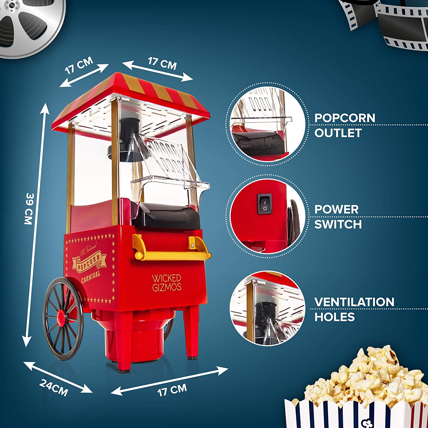 Red Electric 1200W Carnival Fairground Healthy Popcorn Maker - With 6 Serving Boxes and Measuring Scoop