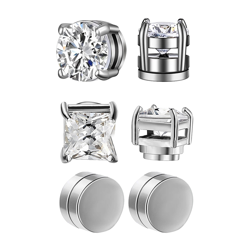 Crystal Strong Magnetic Ear Stud Clip Earrings for Men and Women Punk Round Zircon Magnet Earrings Non Piercing Jewelry: SILVER PLATED