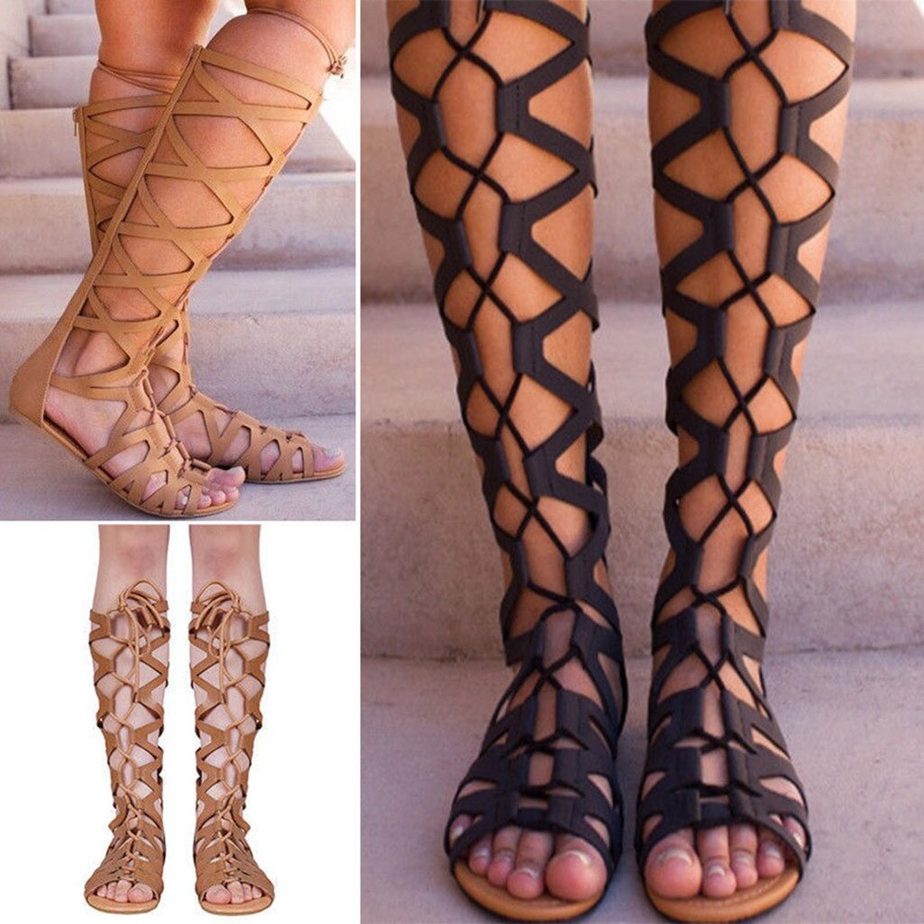 Sandals Summer Women Ladies Casual PU Leather Flats Knee High Boots Roma Shoes Sandals Female Soft Beach Shoes D9#
