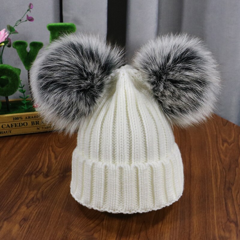Gorro de dos pompones peludos de invierno para niños, gorro bonito tejido para niñas y niños, gorro cálido de punto para Gorros de bebé, gorro cálido para niños: white 2 / adult size(52-60cm)