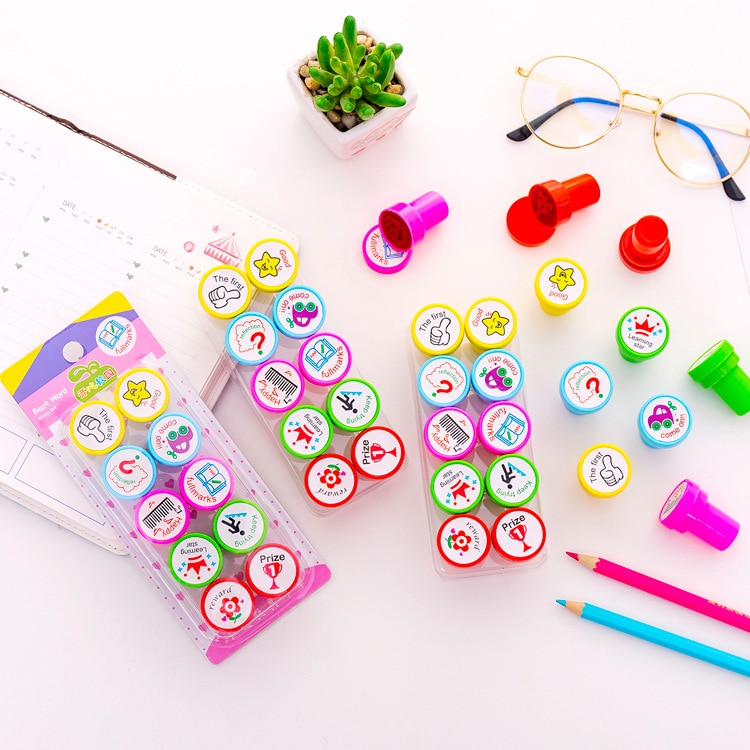 Sellos de reseñas para profesores de inglés, juego de sellos para álbum de recortes, artículos de papelería promocionales para premios de estudiantes, 10 unids/set por juego