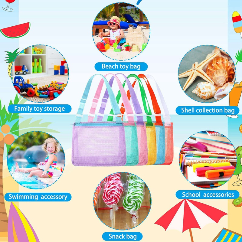 6 Pieces Kids Shell Bags Beach Toy Mesh Bag Colorful Beach Net Bag for Swimming Storage Boy and Girl Seashell Collection