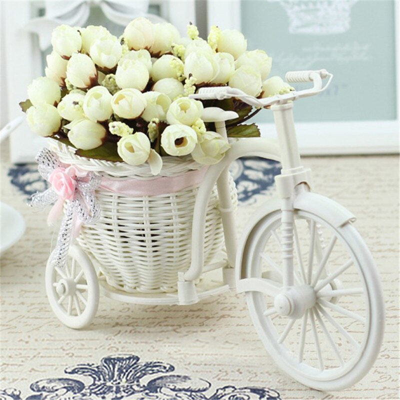 Rotting cykel vas med siden blommor färgglada mini ros blomma bukett tusensköna konstgjorda blommor för hem bröllop dekoration: A11