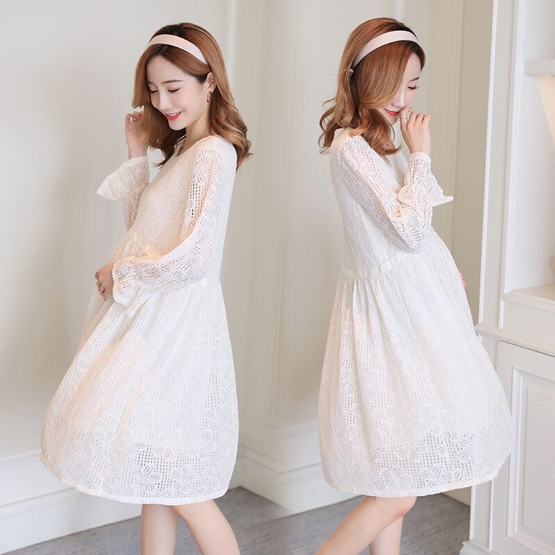 Long Sleeve Lace Maternity Dresses For Pregnant Women Clothes Spring Bottoming Hollowed Casual Solid Pregnancy Dresses: White / XL