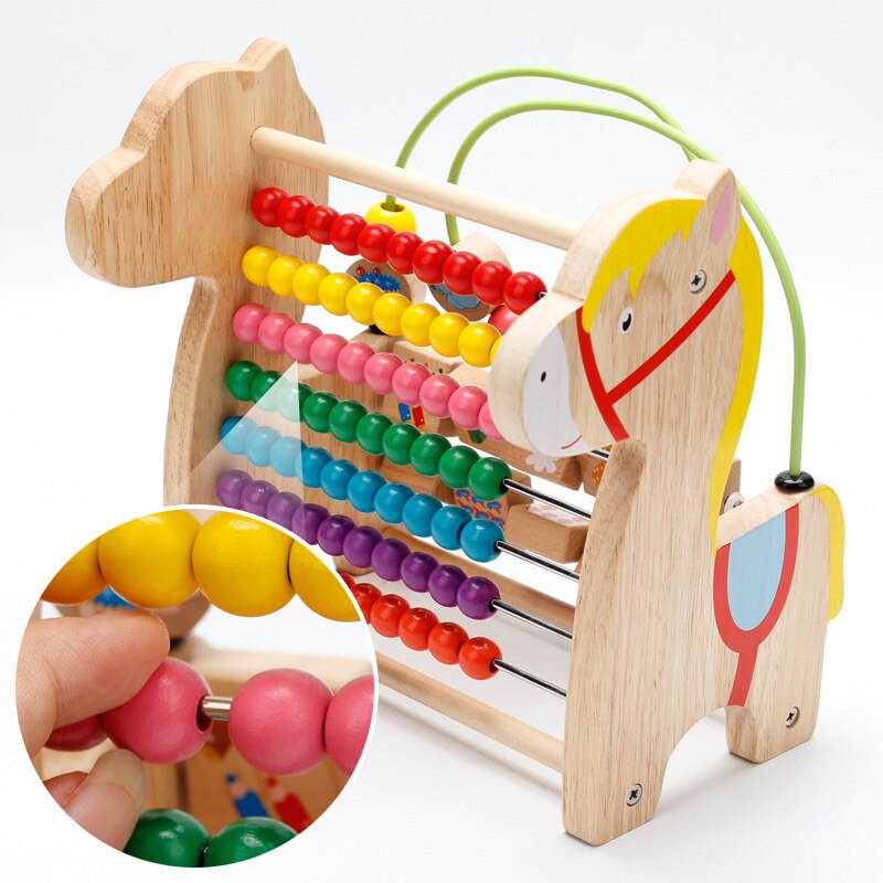 Cartoon Wood Horse Computing Frame Early Training Educational Toys Trojan Horse Round Bead Calculation One Piece Baby Block