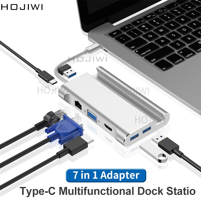 HOJIWI-concentrador tipo C 7 en 1, adaptador de USB-C a HDMI, 4K, VGA, soporte de teléfono móvil, Hub USB 3,0, para MacBook Pro AIR, huawei mate AA04