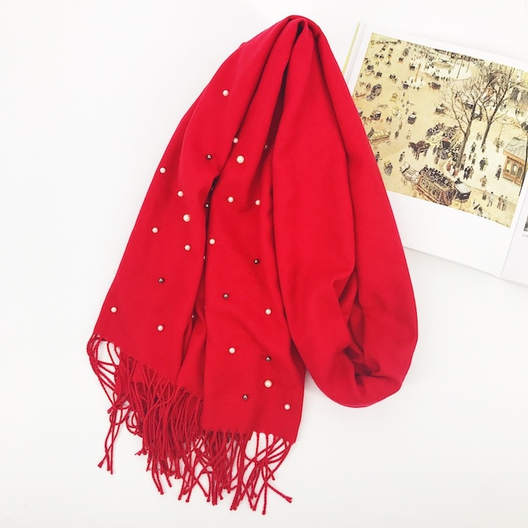 Écharpe de de luxe épais hiver femmes écharpe chaude cachemire étoile perle solide gland châle couverture pour emmailloter Hijab dame écharpe Pashmina: Rouge