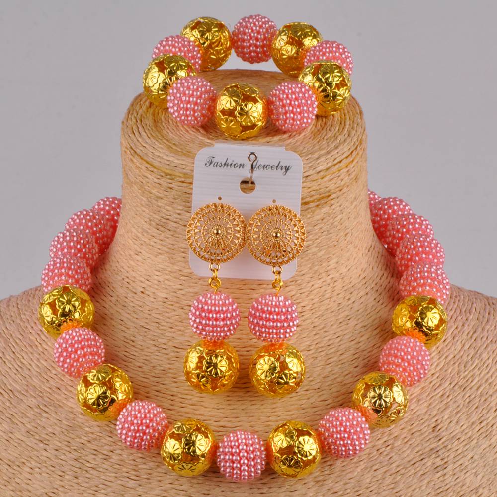 Klassieke nigeriaanse trouwsieraden, afrikaanse bruidsjurkaccessoires, perzikkleurige imitatieparelkettingset (az -77): Roze