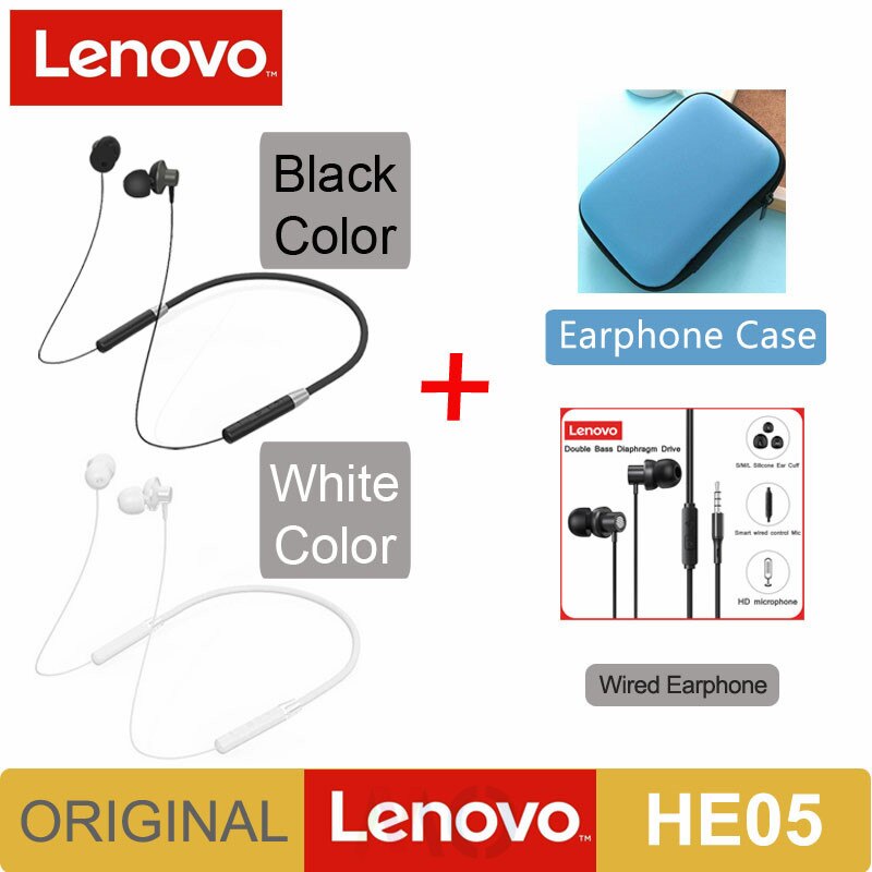 Original Lenovo HE05 Bluetooth 5.0 Wireless Magnetic Neckband Running Sports Earphone Earplug with Waterproof Noise Canceling: HE05 1Wh 1Bl Ca TW13