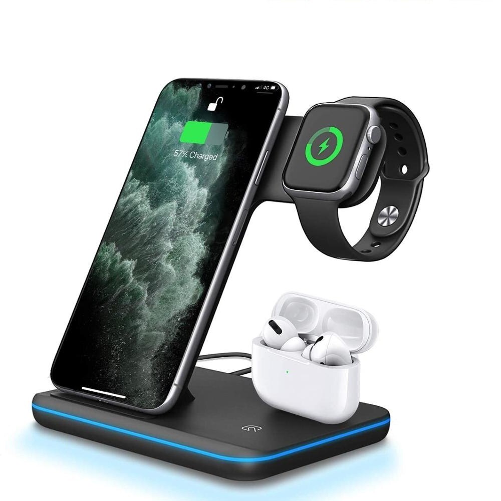 FDGAO 15W 3 in 1 Qi Drahtlose Ladegerät für Apfel Uhr 6 5 4 3 2 iPhone 12 11 Profi XS XR X 8 Airpods Profi Schnelle Ladung Dock Stehen: art 01 schwarz