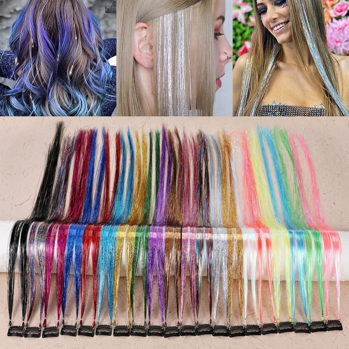 20 Colors Long Straight Hair Tinsel Bright Hair Extention Glitter Clip Hairpiece Sparkling Shiny Clip In Hair Tinsel Tools