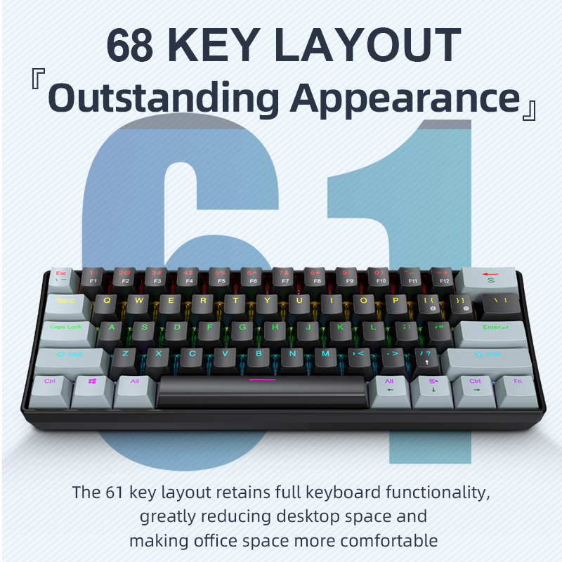 APAYADO K61 mini Klawiatura Gamingowa 60% Przenośna Przewodowa 61-klawiszowa Podświetlenie RGB Czerwony/Niebieski Przełącznik Możliwość Wyboru Kolorów Czarny/Biały/Czerwony