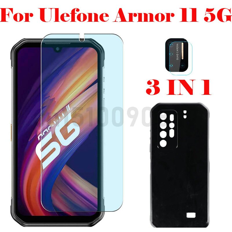 3-en-1 Protector de pantalla + funda para teléfono para Ulefone armadura 11 5G vidrio Anti-choque caso cubierta en Ulefone armadura 11 5G de vidrio templado: 3 in 1 black case