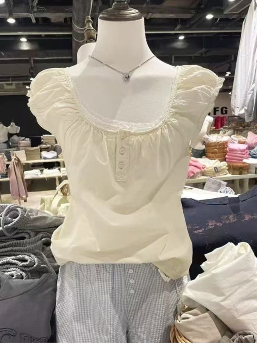 Gule t-shirts med snøre og flæseærmer til kvinder, sommer, enkle, afslappede, hør-bomuld, u-hals, knapper, søde, preppy-stil t-shirts