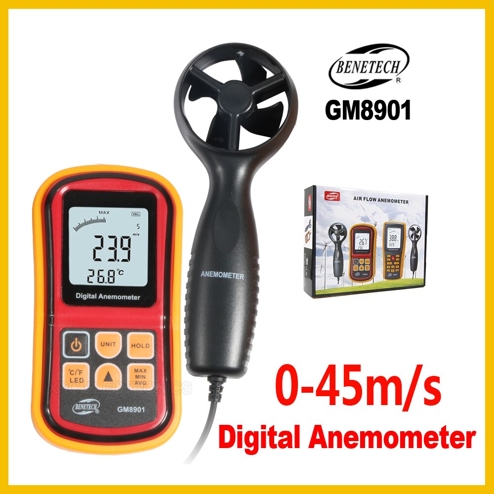 Hoge Nauwkeurigheid Anemometro Lcd-scherm Digitale Anemometer 0 ~ 45 M/s Wind Meter Luchtsnelheid Temperatuur Meter GM8901-BENETECH