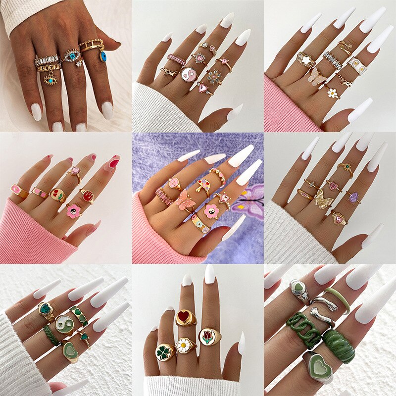 Y2K Stijl Koreaanse Kleurrijke Hars Ketting Ringen Set Voor Vrouwen Kleurrijke Hand Hart Ring Sieraden