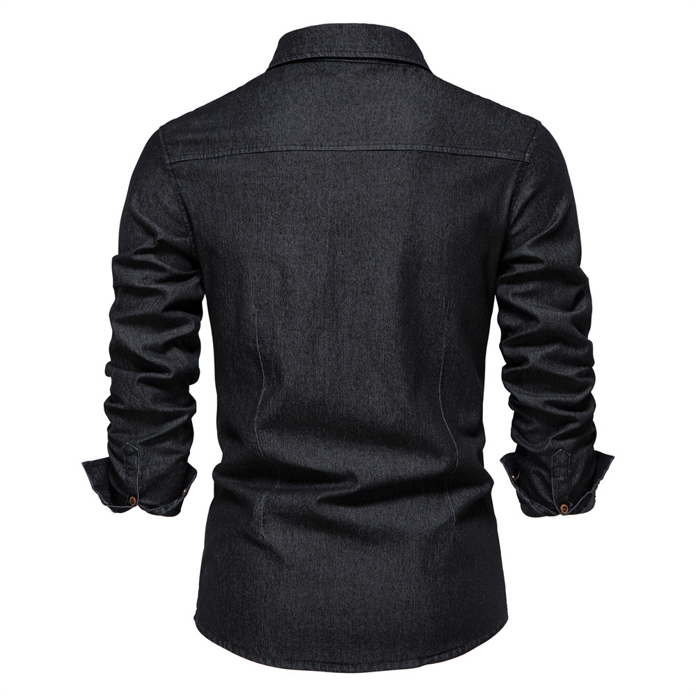 2025 Frühjahr Herren-Jeanshemd, 100 % Baumwolle, elastisch, lässig, schmale Passform, Streetwear-Kleidung, langärmelig, mehrere Taschen, Cowboy-Hemden