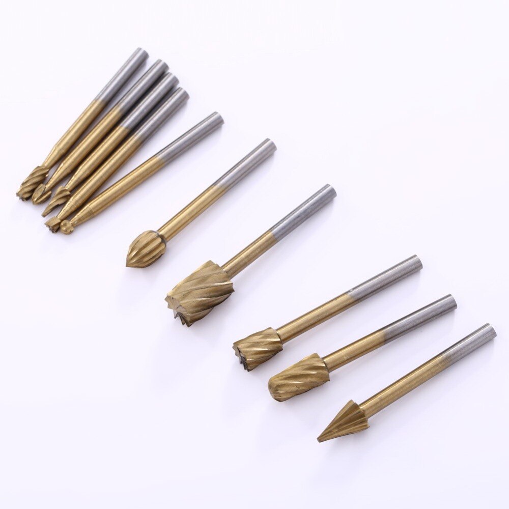 10pcs Titanium Dremel Routing Wood Rotary Milling Rotary File Cutter Woodworking Carving Carved Knife Cutter Tools