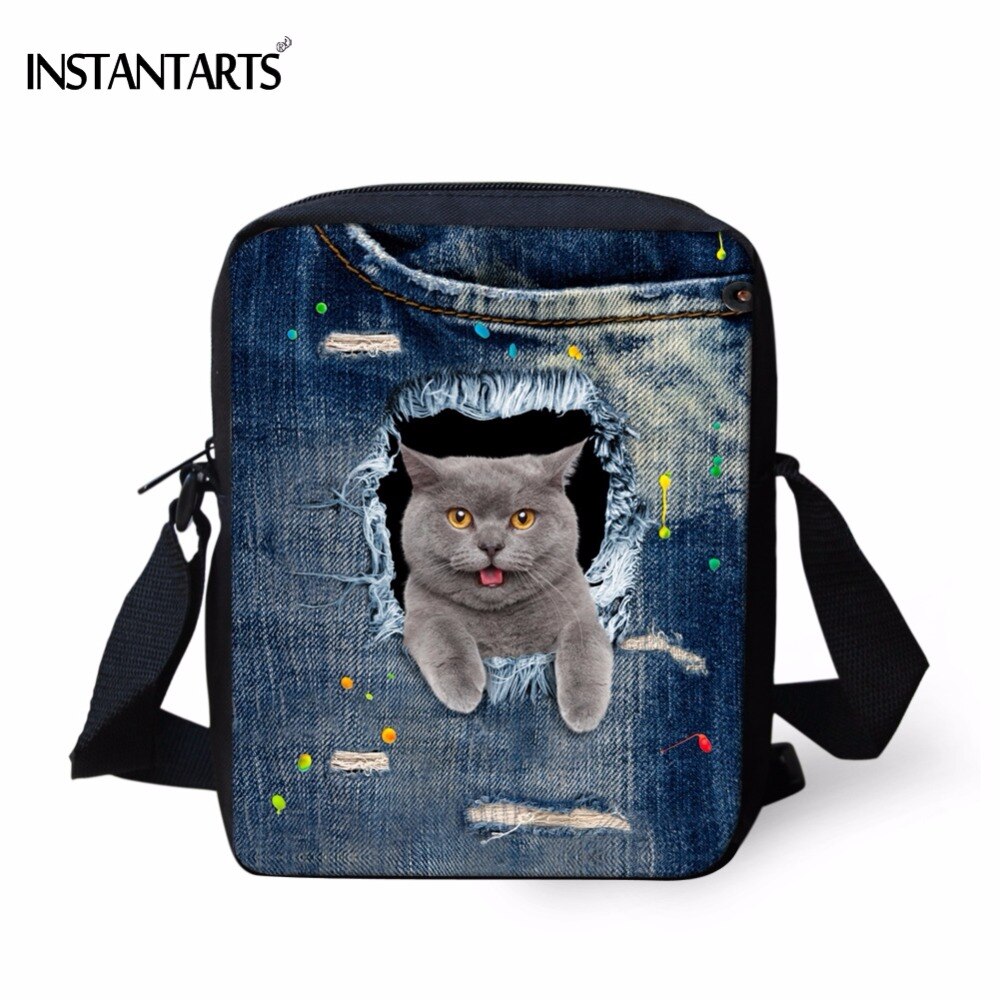Instantarts Kawaii 3D Denim Kat Print Vrouwen Mini Messenger Bag Mode Dames Reizen Schoudertas Cross Body Bags