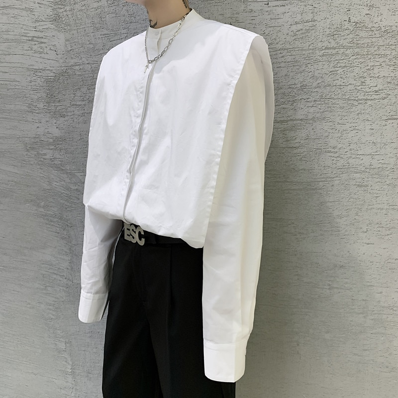 Camisa informal de manga larga con hombros anchos y cuello alto de color blanco para hombre, ropa de calle de Japón, vestido suelto a la , camisa, ropa para escenario