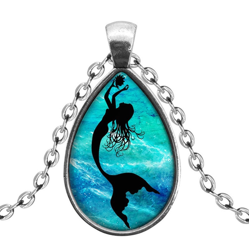 1PCS Women Watercolor Mermaid&amp;Mermaids&amp;Red Cardinal Glass Pendant Necklace,Charm Jewelery For Wedding Parties jewelry: Watercolor Mermaid