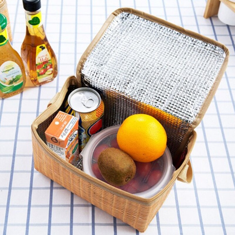 Rattan Waterproof Thermal Insulation Lunch Bag Portable Picnic Food Storage Container Large