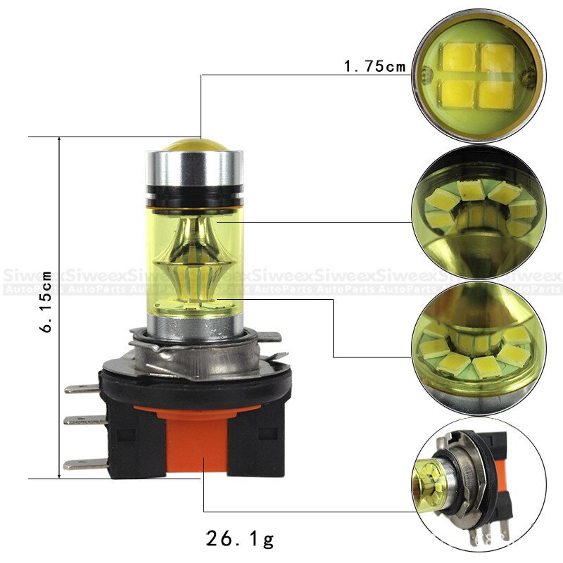1 st  h15 2835 20 smd bil led gul dimljus körlampa strålkastare glödlampor energisparande hög effekt 12v