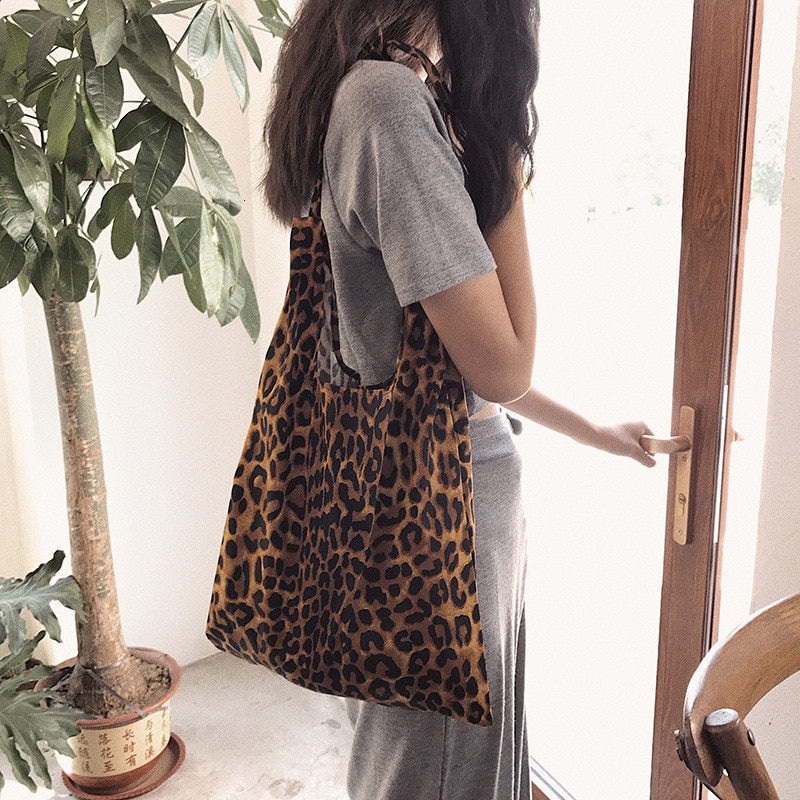 Cotton Shoulder Bag - Leopard Print - Zipper Pocket - Casual Tote - Women's Fashion