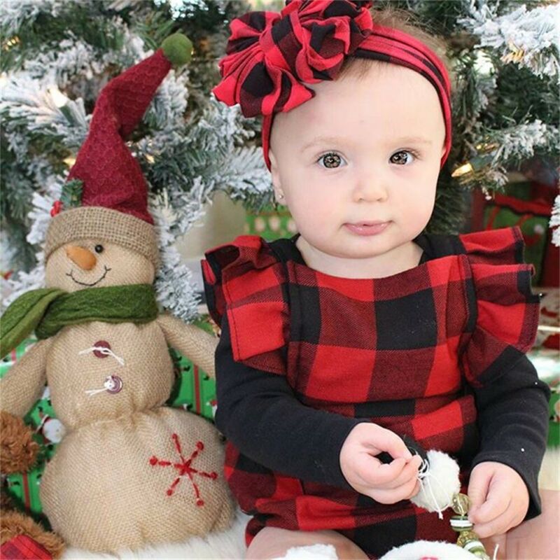 Pudcoco Navidad Plaid Bodysuit para recién nacidos bebé niño niña Navidad comprobaciones cortas volantes manga mono Playsuit diadema traje