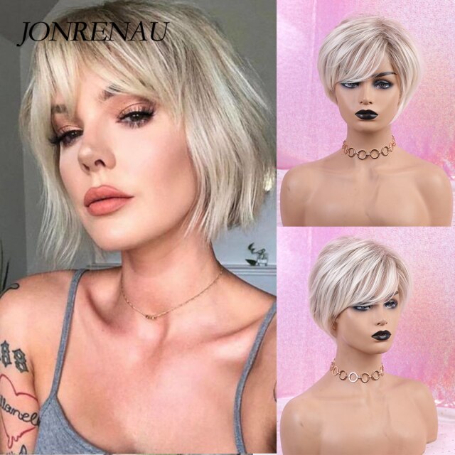 Jonrenau 8 tommer syntetisk kort lige paryk lys blonde brune parykker med pandehår pixie cut parykker til hvide sorte kvinder: Ss174