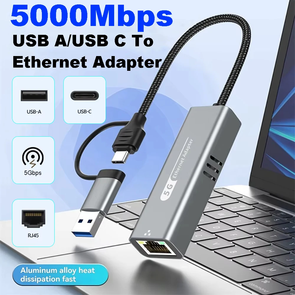 5000Mbps USB Ethernet Adapter 5G Wired Network Card Type C USB to RJ45 Lan Adapter for Phone MacBook Laptop Desktop For Windows