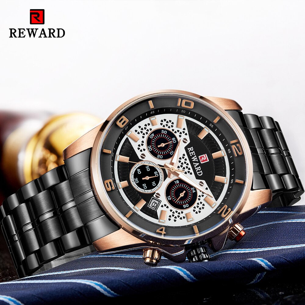 Reward sport chronograaf herenhorloges volledig stalen quartzhorloge grote wijzerplaat waterdicht horloge heren gouden polshorloges relogio masculino