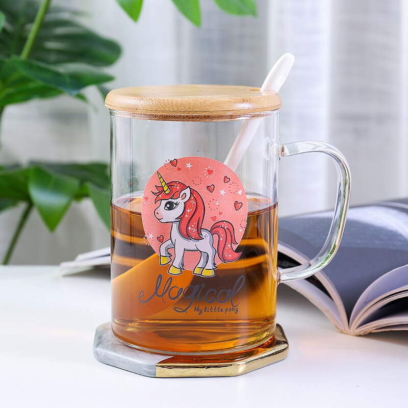 Vaso bonito de unicornio de dibujos animados de 500ML con tapa y cuchara y Asa taza creativa de cristal de leche transparente taza de té taza de desayuno