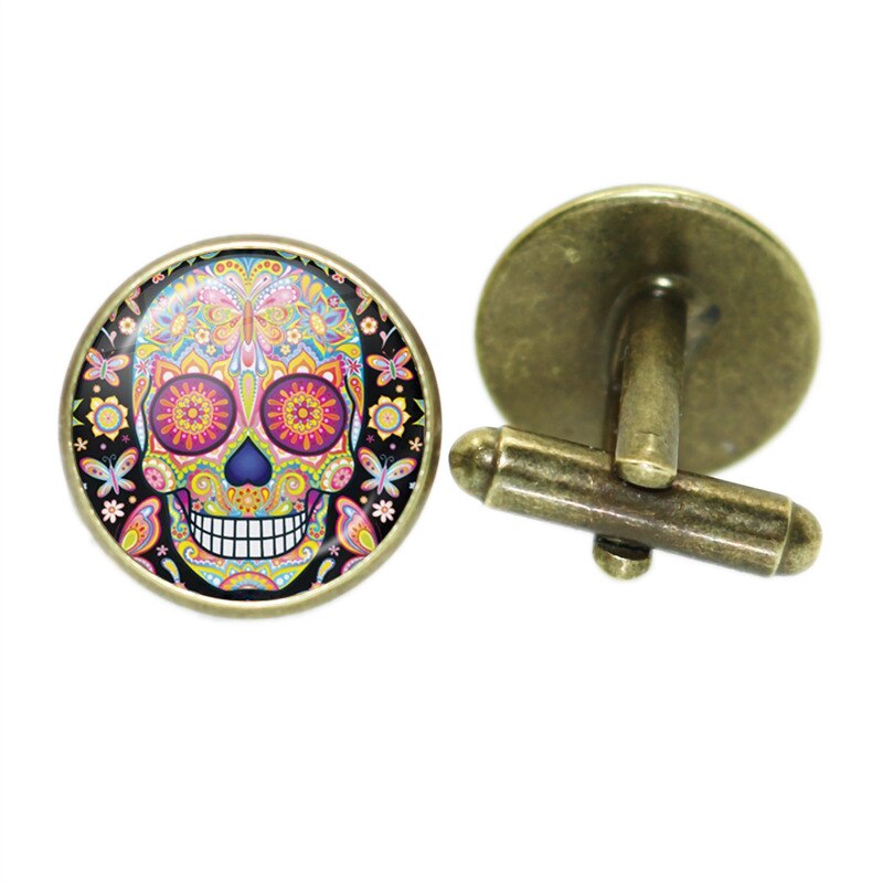 Boutons de manchette squelette Vintage pour hommes, verre rond, de crâne blanc, de mariage, chemise, costume, accessoires bijoux à la: Plaqué zinc noir