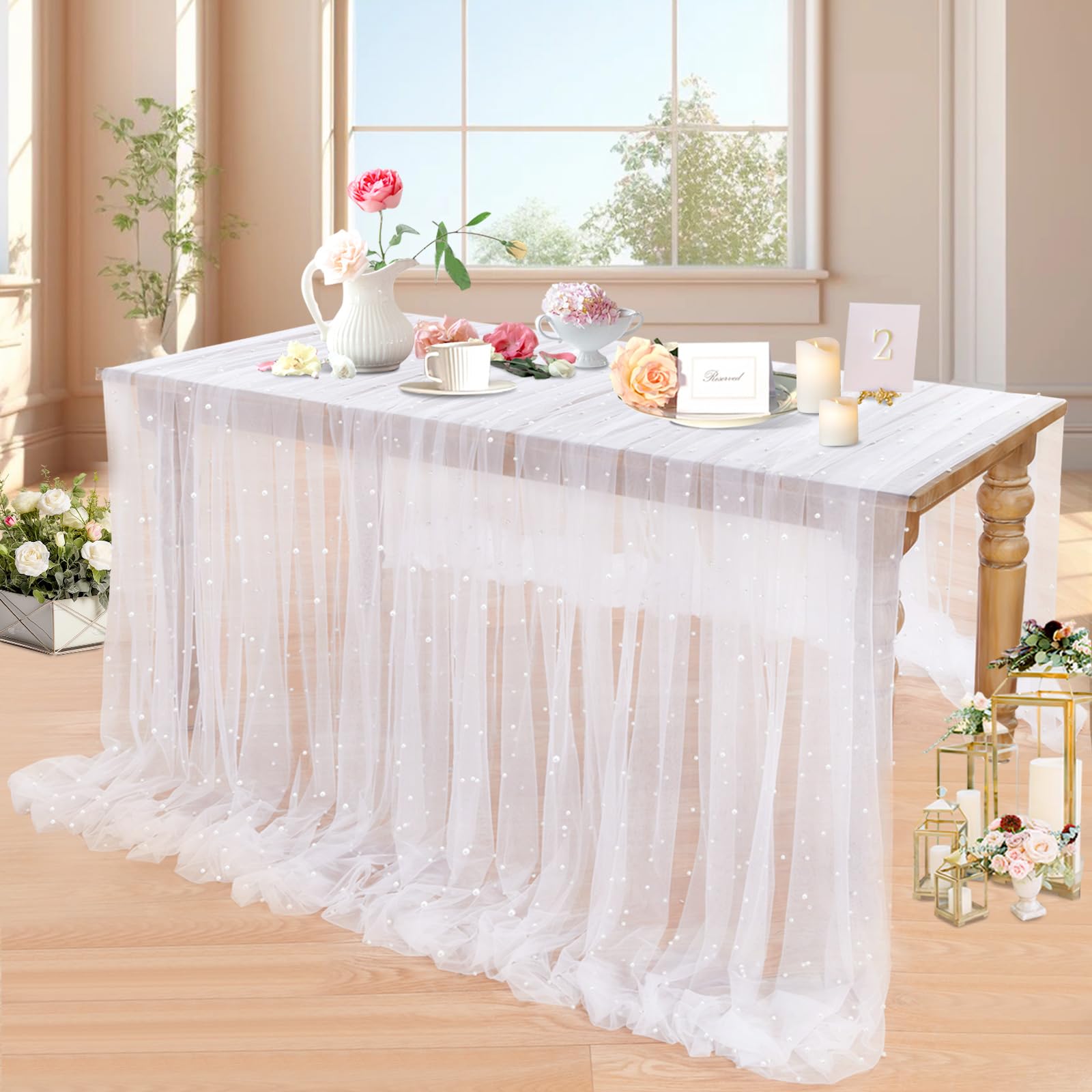 Witte Parel Tafelkleed Bruiloft Tafelloper Decor Tule Stof voor Bruidsdouche Bruiloft Boog Sluier Kant Dessert Tafelkleed