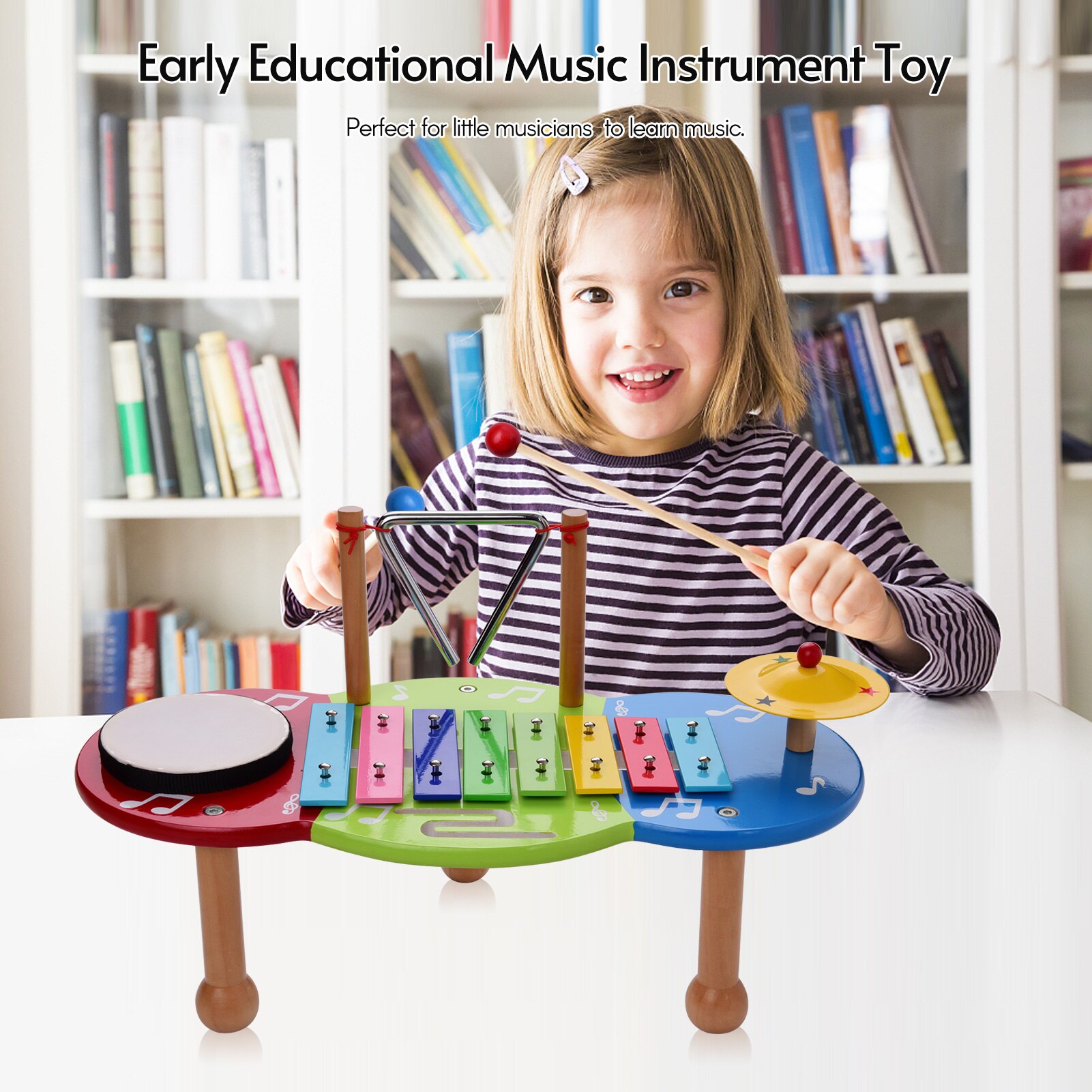 Muslady Kids Percussion Set Percussion Drum + Iron Cymbal + Xylophone + Triangle Set Colorful Table Musical Instrument