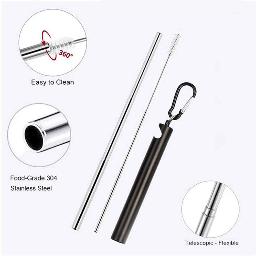 Portable Stainless Steel Telescopic Drinking Straw Set Metal Straw Reusable Travel Keychain Straw with Case Bottle Opener