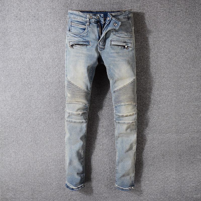 Men's Denim Biker Distress Jeans Motorcycle Slim fit Riding Pants: 30