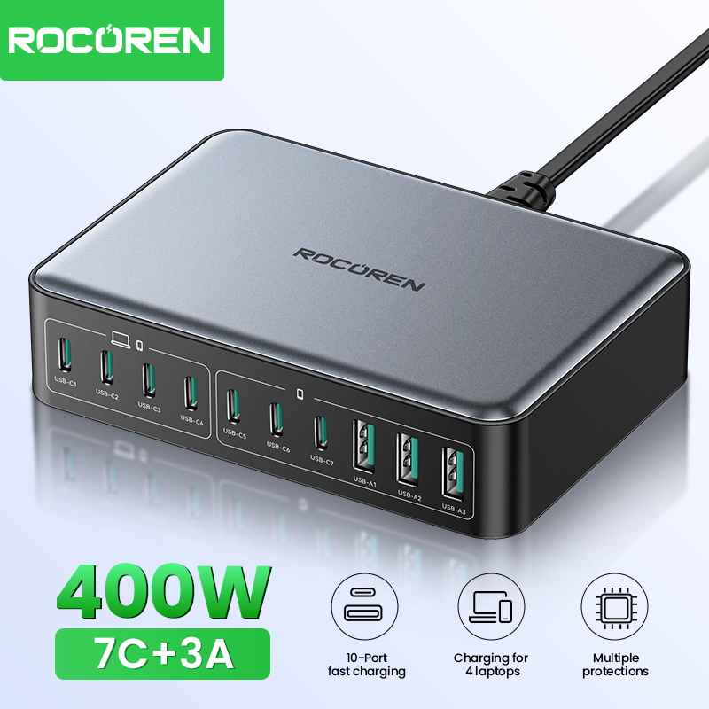 Rocoren 400W USB Type C Gan-oplader Draagbare 10-in-1 desktopkrachtcentrale Type-C snellader voor iPhone 16 Pro Max MacBook Air