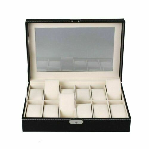 3/6/12 Faux Leather Watch Case Display Box Storage Jewellery Glass Top: 12