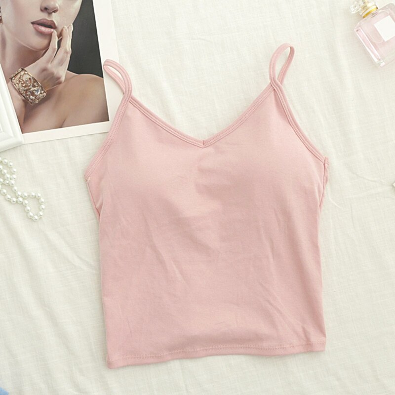 Women Cotton Basic Camisoles Female Cozy Spaghetti Strap Sexy Back Camis Solid Color Ladies Comfy Underwear: Pink