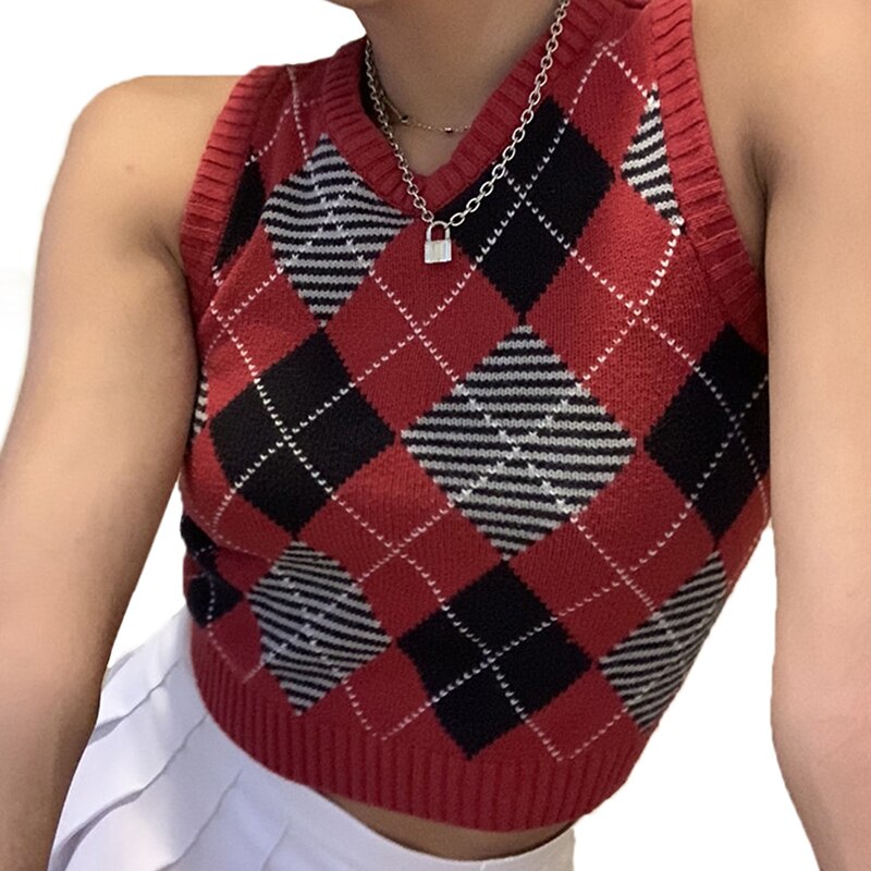 V Neck Vintage Argyle Pullover Weste Frauen Y2K Schwarze ?rmellose Plaid Strick Crop Pullover Casual Herbst Adrette: L / 1-red no chain