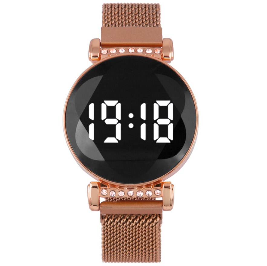 Meisjes trend elektronisch dameshorloge casual ronde led touchscreen dameshorloge magneetband damesstudentenhorloge: Roségoud