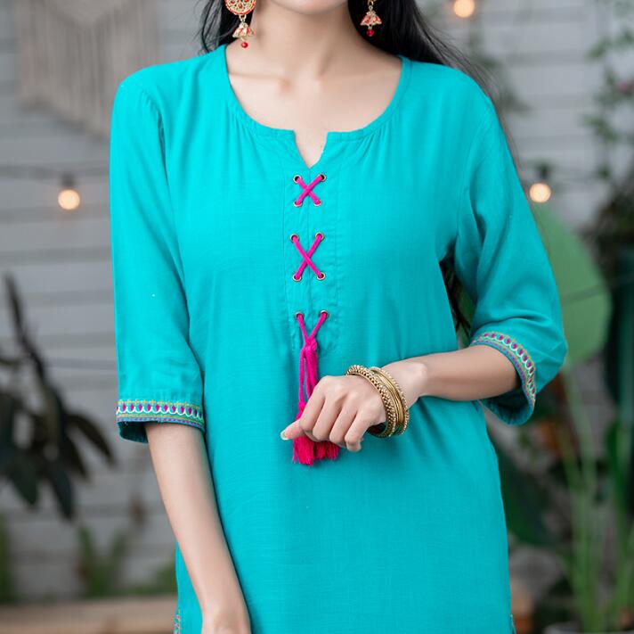 India Tops For Woman Ethnic Styles Print Sets Cotton Linen Thin Lehenga Choli Elegent Lady Top Pants